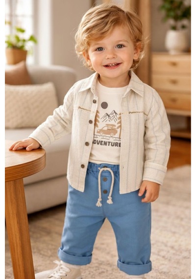Babyhola Erkek Bebek Bayramlık Takım Araba Baskılı Müslin Kumaş Set 2215 Mavi