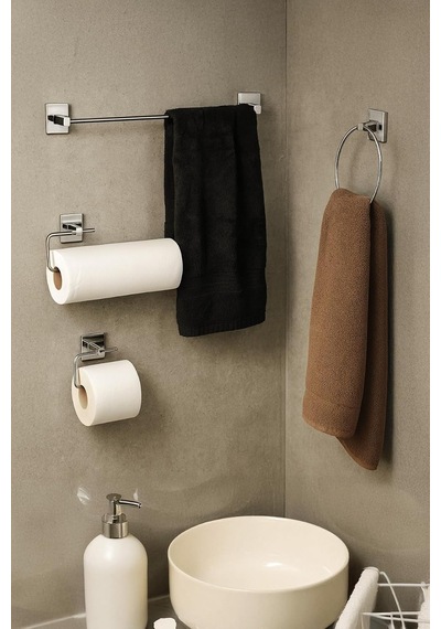 Yapışkanlı Krom 4'lü Banyo & Mutfak Havluluk Seti Wc Kağıtlık, Rulo, Çember Ve Uzun Havlu Askısı, Krom Diğer