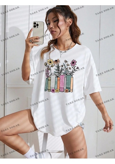 Startmore Unisex Bay Çiçek Desenli Düşük Omuz Tişört Kod-1315 Beyaz