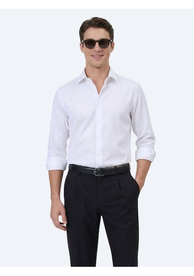 Kip Beyaz Düz Slim Fit Uzun Dokuma Klasik Pamuk Karışımlı Gömlek