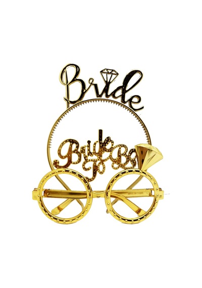 Bride Yazılı Taç Ve Bride To Be Yazılı Gözlük Seti - Altın Renk