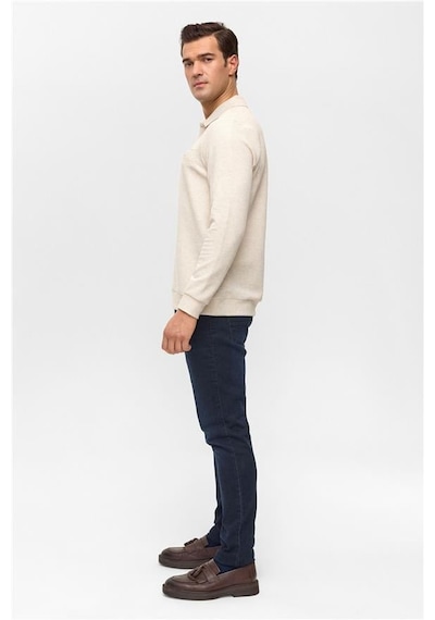 Süvari Bej Regular Armürlü Polo Yaka Sweatshirt Bej