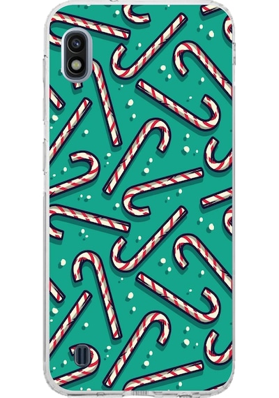 Samsung Galaxy A10 Uyumlu Yılbaşı Ruhu Baston Şeker Ve Kar Taneli Baskılı Silikon Kılıf Renkli