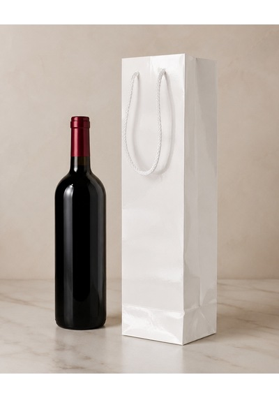 Şişelik İpli Beyaz Karton Poşet, 1 Adet - 12x10x38 Cm, Kalın Yapı