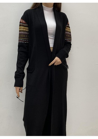 Onno Style Woman Spor Triko Kilim Desenli Uzun Hırka Siyah