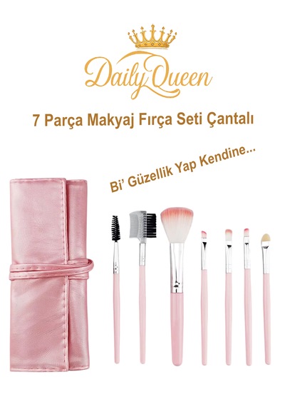 Daily Queen 7 Parça Makyaj Fırça Seti Penbe Deri Çantalı Lüx Ve Kaliteli