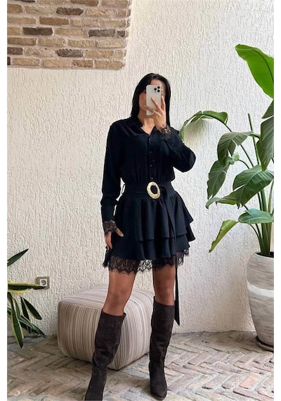 Neşeli Butik Kadın Siyah Gömlek Yaka Dantel Detaylı Kat Kat Mini Elbise Nbmy3858 Siyah
