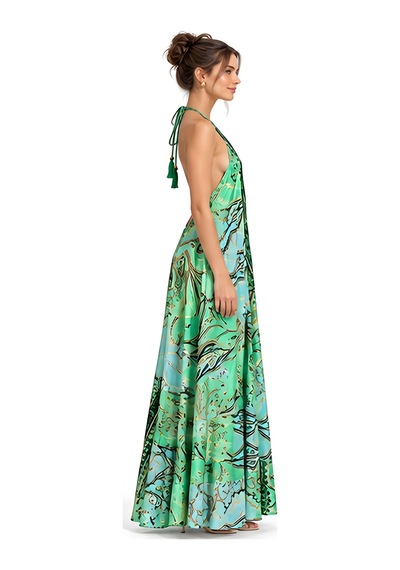 Lili Woman Kadın Yeşil Ombreli Batik Desenli Halter Yaka Otantik Maxi Elbise Mo.melb01y