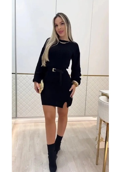 Kadın Uzun Kollu Yuvarlak Yakalı Kısa Triko Elbise Siyah