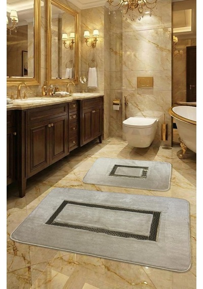Meram Kaymaz Taban, Emici 2'li Ultra Lüks Deri Detaylı Banyo Paspası Seti Cappucino 60x100 Cm Ve 50x60 Cm Çok Renkli