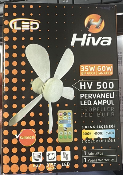 Hv 500 Beş Pervaneli Led Ampullü E/27 Duylu Tavan Vantilatörü