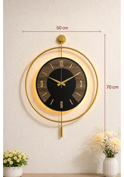 Pey Aksesuar 50x70 Cm Metal Ahşap Ve Işığın Muhteşem Uyumu Duvar Saati Dekoratif Ahşap-m54-gold-siyah-dikkat -keçe-gold
