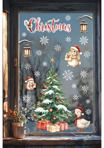 Christmas Yılbaşı Cam Sticker Seti 50 Parça Çift Taraflı Baskı, Suya Dayanıklı, Kar Tanesi Figürler Dijital Baskı
