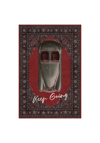 Retro 107 Kırmızı Siyah Vintage Retro Araba Figürlü Keep Going Tasarım Salon Oturma Ev Oda Halısı