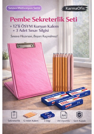 Pembe Sekreterlik Seti + 12 Li Ösym Kurşun Kalem + 3 Sınav Silgisi Sınav Hazırlık Seti
