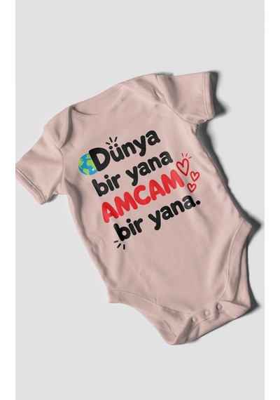 Morivokids Dünya Bir Yana, Amcam Bir Yana Kısa Kollu Bebek Body %100 Pamuk Pastel Pembe