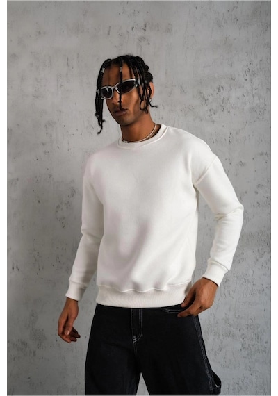 Erkek Düz Bisiklet Yaka 3 İplik Pamuklu Sweatshirt - Beyaz