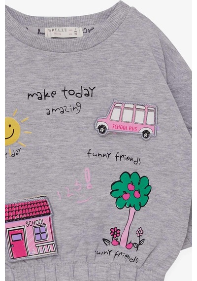 Breeze Kız Çocuk Sweatshirt Okul Temalı 1-4 Yaş, Gri Melanj-gri Melanj Gri Melanj