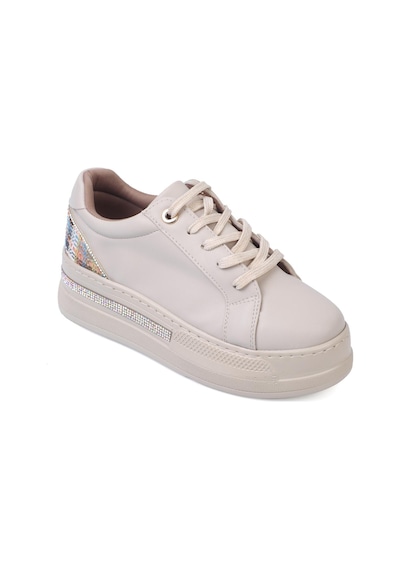 Shoetek Olala Kadın Sneakers Bağcıklı Arka Desenli Spor Ayakkabı Bej Deri Bej Cilt Bej