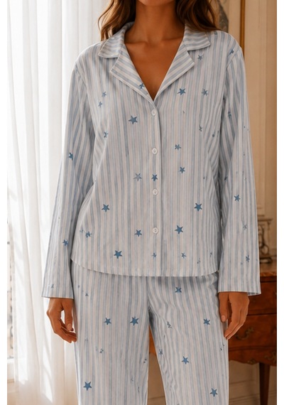 Womanandkids Mavi Kadın Relax Fit Düğme Pijama Takımı