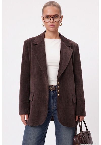 Ritnice Kadın Jonas Astarlı Cepli Kahverengi Lux Oversize Blazer Ceket