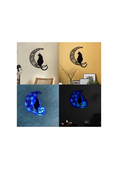 Led Işıklı Aydaki Kedi Figürlü Tablo Duvar Dekorlu Gece Lambası Mavi - 745710359 Mavi