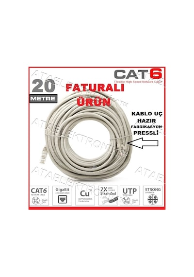 20 Metre Cat6 Bakir Internet Kablosu Modem Bilgisayar Arasi