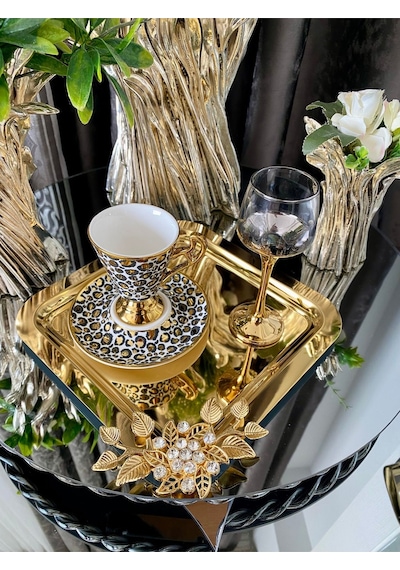 Atabey Home Collection 2 Adet Kahve & Çay & Sunum Tepsisi Gold Lüx Kristalize Taşli Model