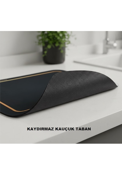 Nobera Premium Dekoratif Bulaşık Kurutma Matı 50x40 Cm Süper Emici, Kaydırmaz Kauçuk Tabanlı Ve Tezgah Koruyucu Altlık Altın - Siyah