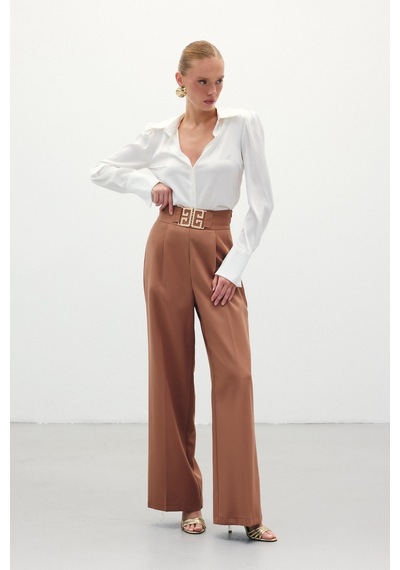 Sateen Bel Aksesuarlı Bol Paça Pantolon - Camel