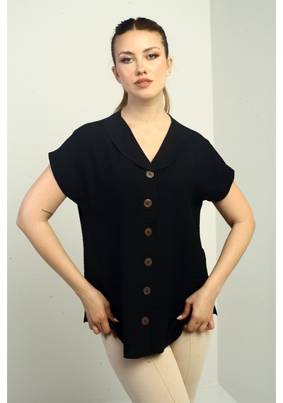 By Saygı Kadın Şal Yaka Oversize Gömlek Siyah