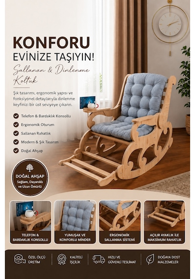 Missidea Detroit Ceviz Sallanan Sandalye Eko Antrasit Gri Minderli Model