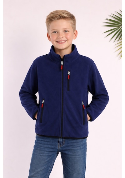 Monox Çocuk Lastik Manşetli Fermuarlı 3 Cepli Unisex Polar Ceket Saks Mavi