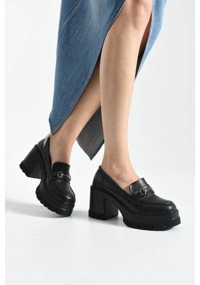 Dabab Shoes Chonora Kadın Siyah Cilt Zincir Detaylı Kalın Taban Topuklu Loafer Siyah - Siyah