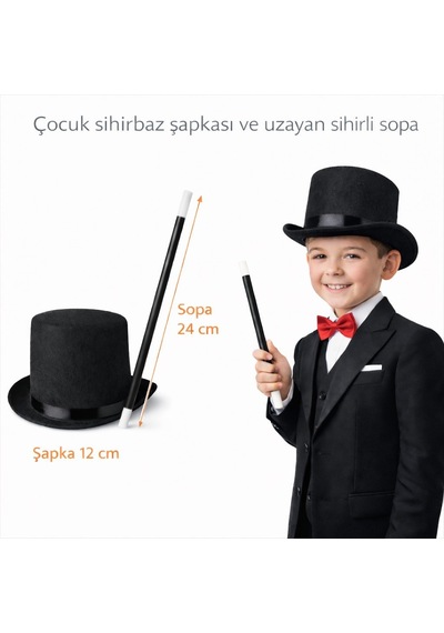 Fantezi Aksesuarı Kostüm Tamamlayıcı Çocuk Sihirbaz Şapkası Ve Uzayan Yaylı Sihirli Sopa Seti