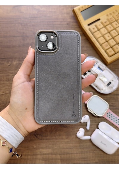 Apple iPhone 14 Uyumlu Premium Deri Dokulu Darbelere Karşı Dayanıklı Nazal Silikon Kılıf Gri