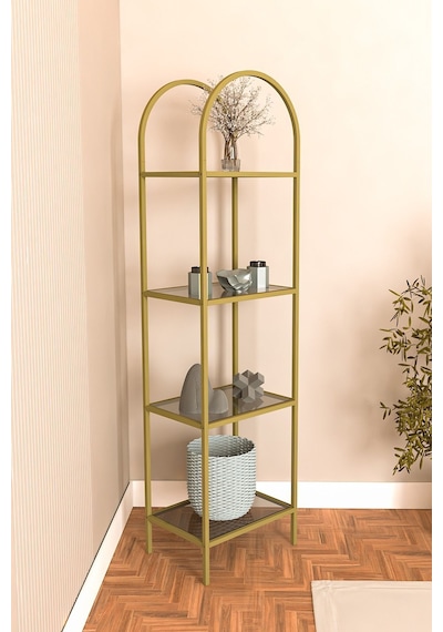 Mona Gold Köşe Kitaplık Dekoratif Aksesuar Rafı Mutfak Rafı 40cm Füme Camlı