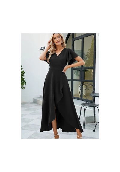 Butik İstanbul Kadın Kısa Kollu Kruvaze Yakalı Önden Volanlı Çapraz Kesim Detaylı Maksi Boy Ithal Krep Elbise Siyah Butik İstanbul Kadın Kısa Kollu Kruvaze Yakalı Önden Volanlı Çapraz Kesim Detaylı Maksi Boy Ithal Krep Elbise Siyah