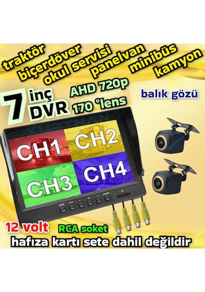 2 Adet Ahd 720p 170 Derece Balık Gözü Lens Kamera 7 İnç Ips Qled 256 Gb Dvr Monitör 12 Volt