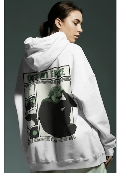 Sevbano Justin Bieber Off My Face Şarkıcı Sırt Baskılı Unisex Oversize Pe beyaz
