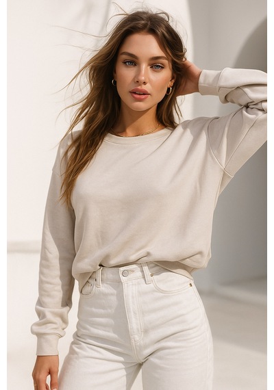 Kadın Bej Pamuklu İnterlock Oversize Sweatshirt Bej