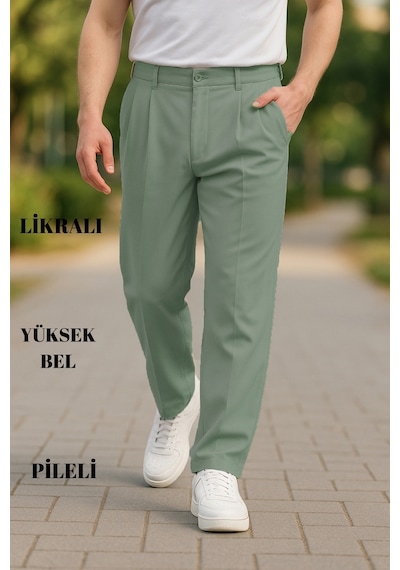 Cedy Denim Yüksek Kalite Erkek Yüksek Bel Pileli Baggy Chino Pantolon C358 Yeşil