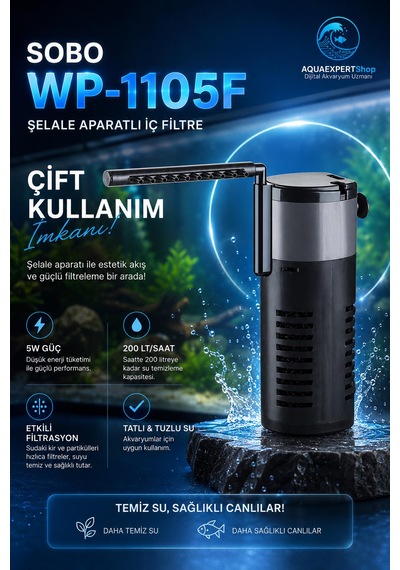 Sobo Wp-1105f Şelale Aparatlı İç Filtre - Çift Kullanım İmkanı - 5w 200 Lt/saat