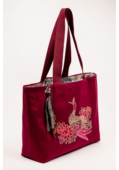 Fabric Craft Bag Omuz Çantası Kumaş Hint Nakışlı Vişne Renkli Astarlı Vişne Çürüğü