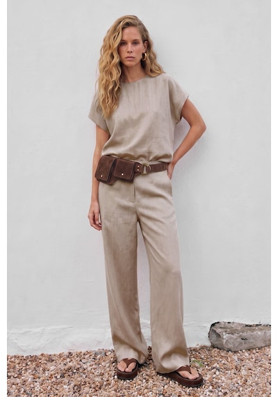 Sateen Kısa Kollu Bluz - Bej-137675