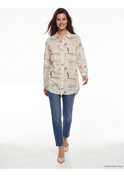Lcw Modest Ekru Desenli Oversize Kadın Gömlek Tunik
