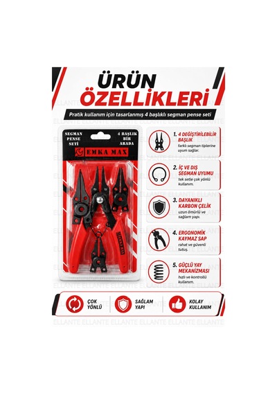 4 Başlıklı Segman Pense Seti İç & Dış Segman Uyumlu Değiştirilebilir Uçlu Profesyonel Karbon Çel