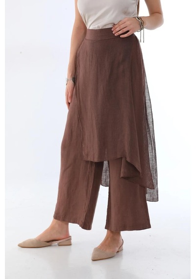 Bohem Stil İtalyan Ham Keten Pantolon Etek-8747 Kahverengi