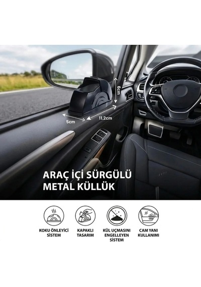 Araç İçi Salyangoz Küllük Sürgülü Kapaklı, Metal Hazneli, Koku Yayılımını Azaltmaya Yardımcı Kapı Ko
