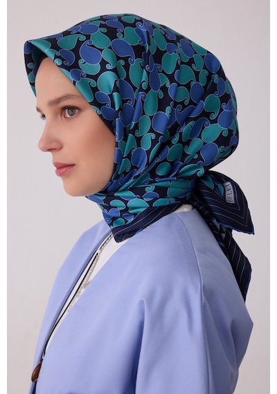 Belli Etnik Desen %100 Twill İpek Eşarp Be22 Lacivert